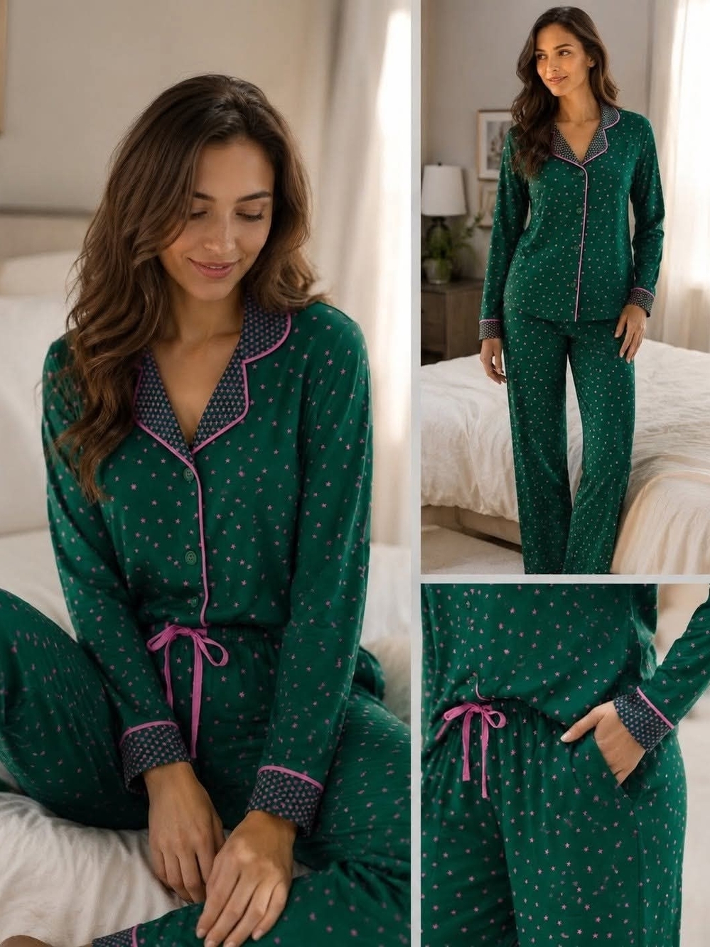 Room Service Green And Pink Star Long Sleeve Button Pajama Set XL NWT